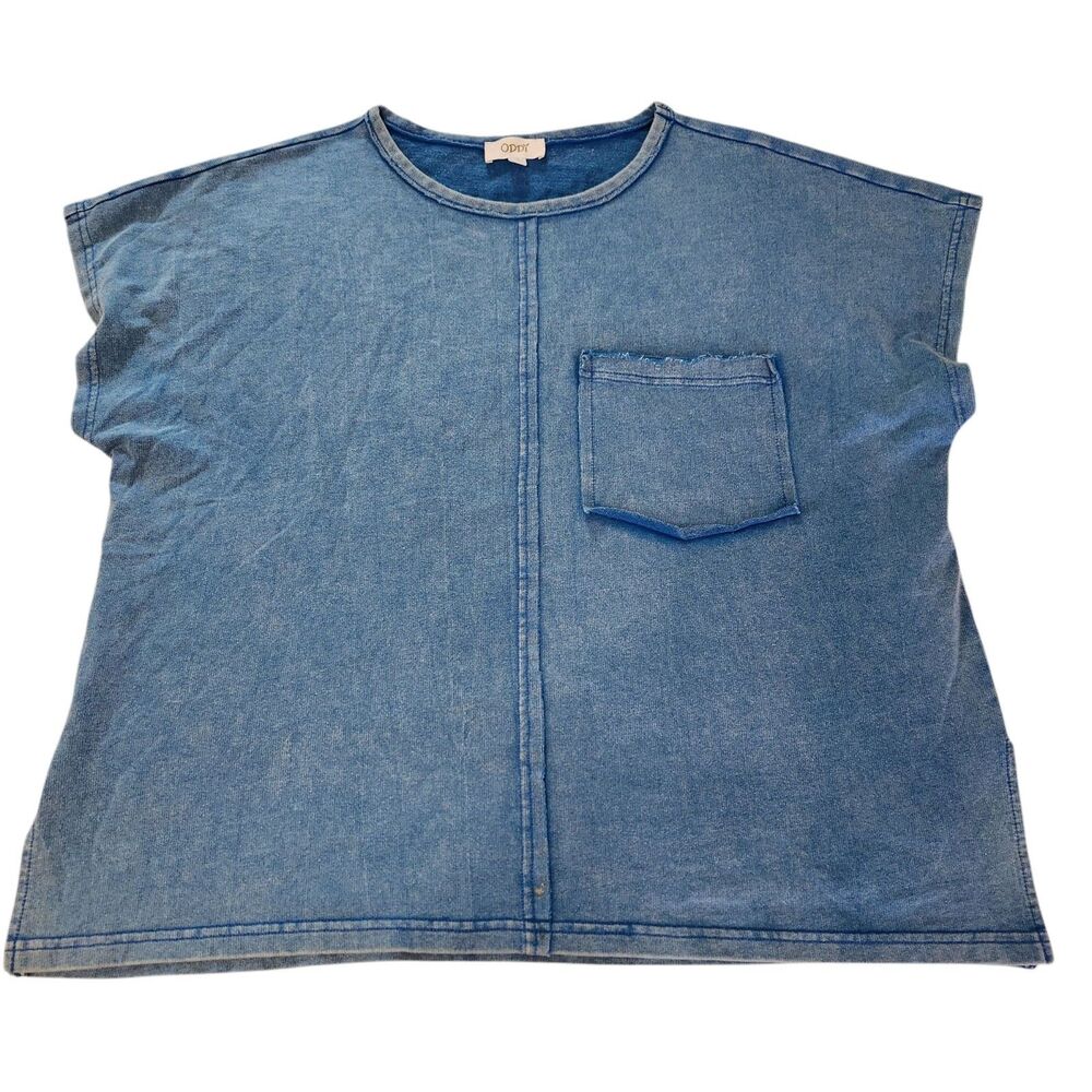 Oddy Oversized SS Distressed Raw Hem Boho Blue T-Shirt Womens Sz Small